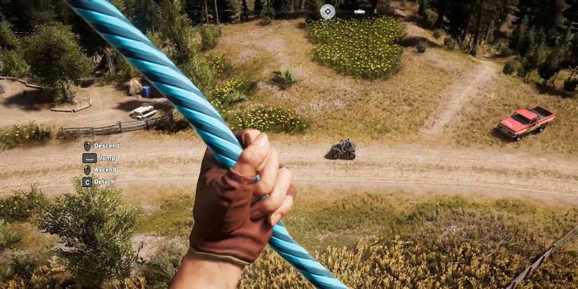 Player in Far Cry 5 hanging from a grapple up in the air