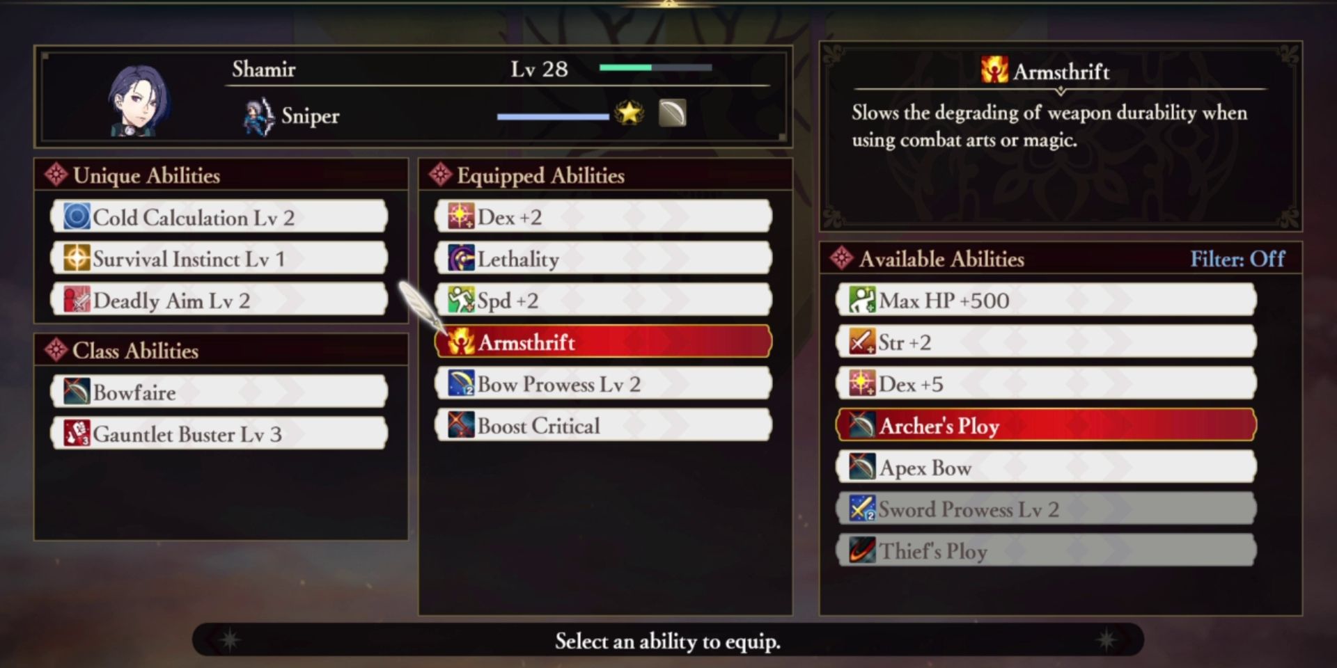 a menu screen with three, vertical boxes of abilities. the left most box has two categories: unique abilities and class abilities. the middle box is titled equipped abilities, and the right most box is titled available abilities. above the right box is a description of the highlighted ability "armsthrift" above the left and middle boxes is a description of the characeter, Shamir, and her equipped class