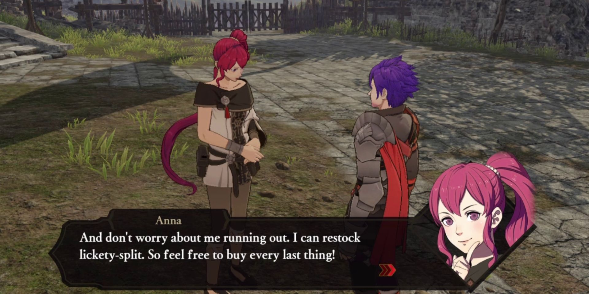 a purple haired man in plate armor with a red sash on his left shoulder speaks to a red haired woman in a white outfit with a black cover around her shoulders. The woman, Anna, says "And don't worry about me running out. I can restock lickety-split. So feel free to buy every last thing!"
