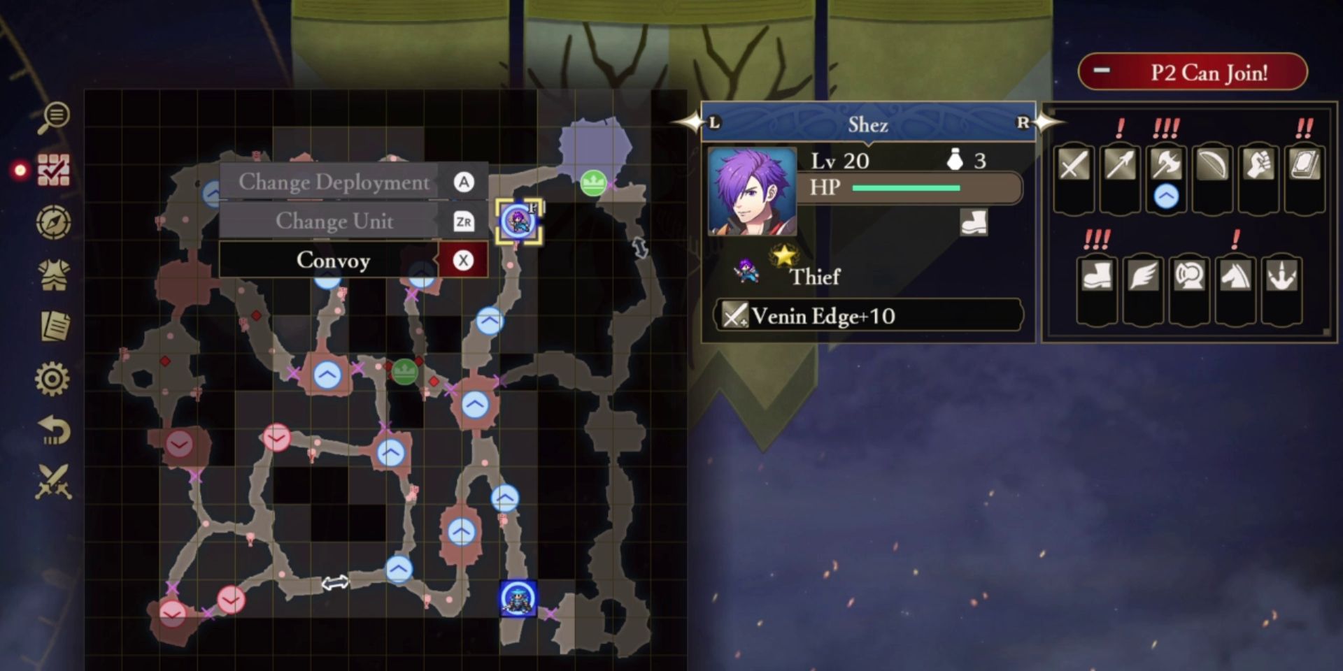 a battle map that shows the layout of the field. several blue up arrows and down red arrows dot the map. The cursor is hovering over Shez, a purple haired man with the Thief class equipped. a box next to his character description shows the various advantages and disadvantages he has against enemy units. 