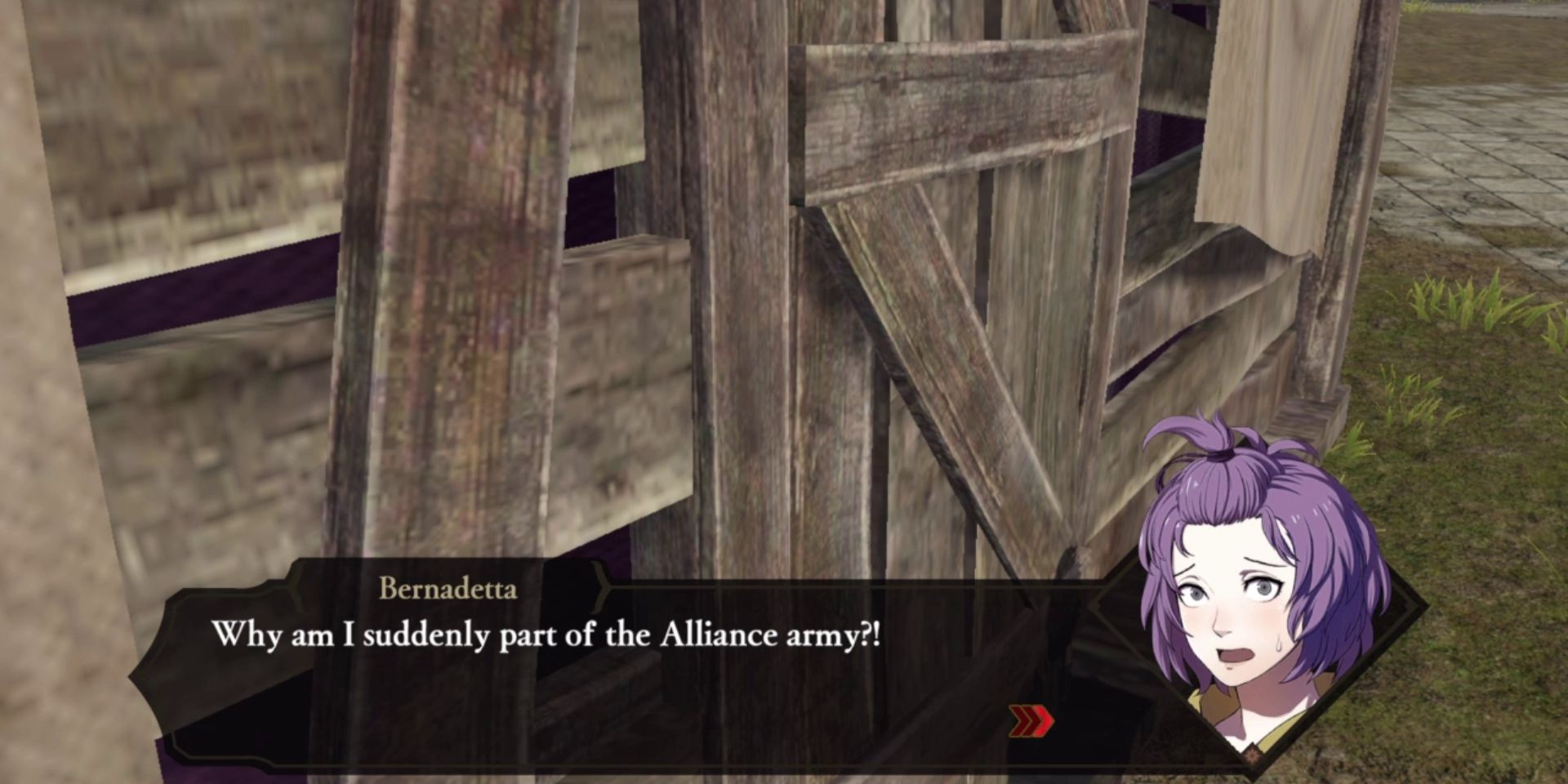 a wooden shack. at the bottom of the screen is an image of a purple haired girl named Bernadetta looking frantic as she says "Why am I suddenly part of the Alliance army?!"