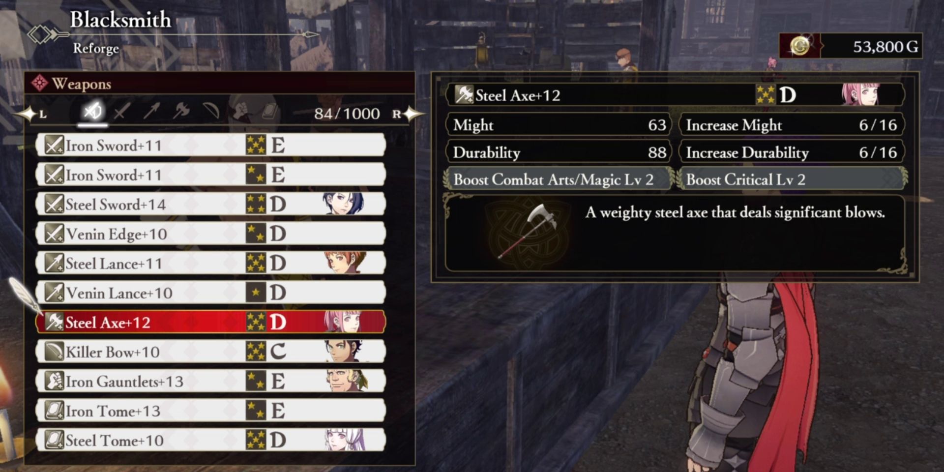 a blacksmith menu screen that shows a list of weapons to be reforged on the left and a description of that weapon on the upper right. an armored arm and red sash can be seen below the weapon description near the bottom right of the image