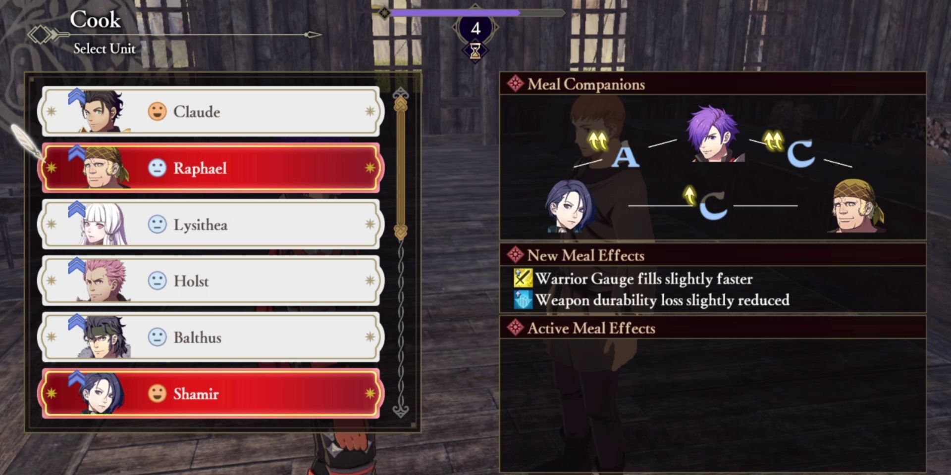 menu screen with "cook: select unit" in the top left corner. below it is a list of characters to choose from. on the right side is box showing a triangle of bond growth between each of the three selected characters and below that are categories titled "new meal effects" and "active meal effects"