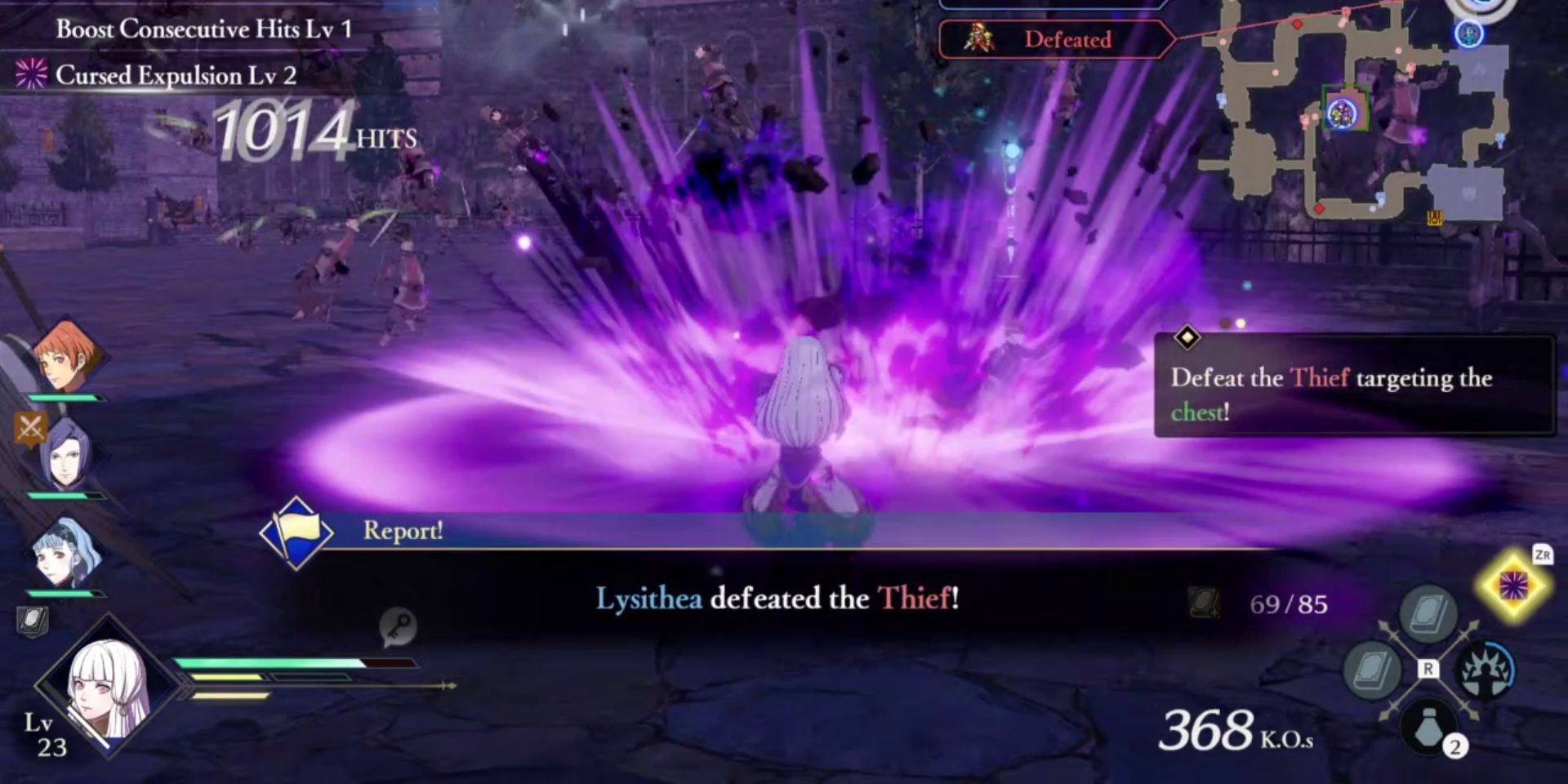 a white haired girl creates a large, purple blast directly in front of her. soldiers are flying in all directions. a mini map sits in the top right corner, an ability wheel in the bottom right, health meters for four different characters in the bottom left, and a hit count that reads "1014 hits" in the top left. Along the bottom are the words "Lysithea defeated the Thief!"