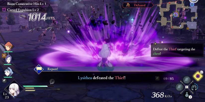 a white haired girl creates a large, purple blast directly in front of her. soldiers are flying in all directions. a mini map sits in the top right corner, an ability wheel in the bottom right, health meters for four different characters in the bottom left, and a hit count that reads "1014 hits" in the top left. Along the bottom are the words "Lysithea defeated the Thief!"