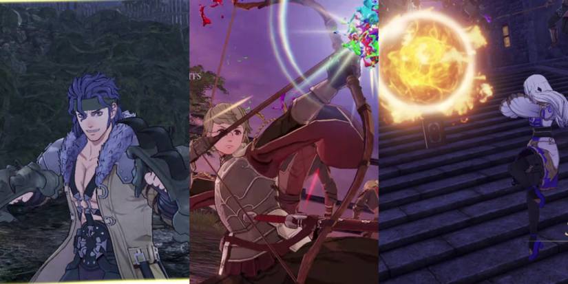 a blue haired man in a fur lined trench coat and hefty, bladed gauntlets; a young man in armor knocking a bow with a colorful arrow; a white haired woman firing a large fireball in front of her