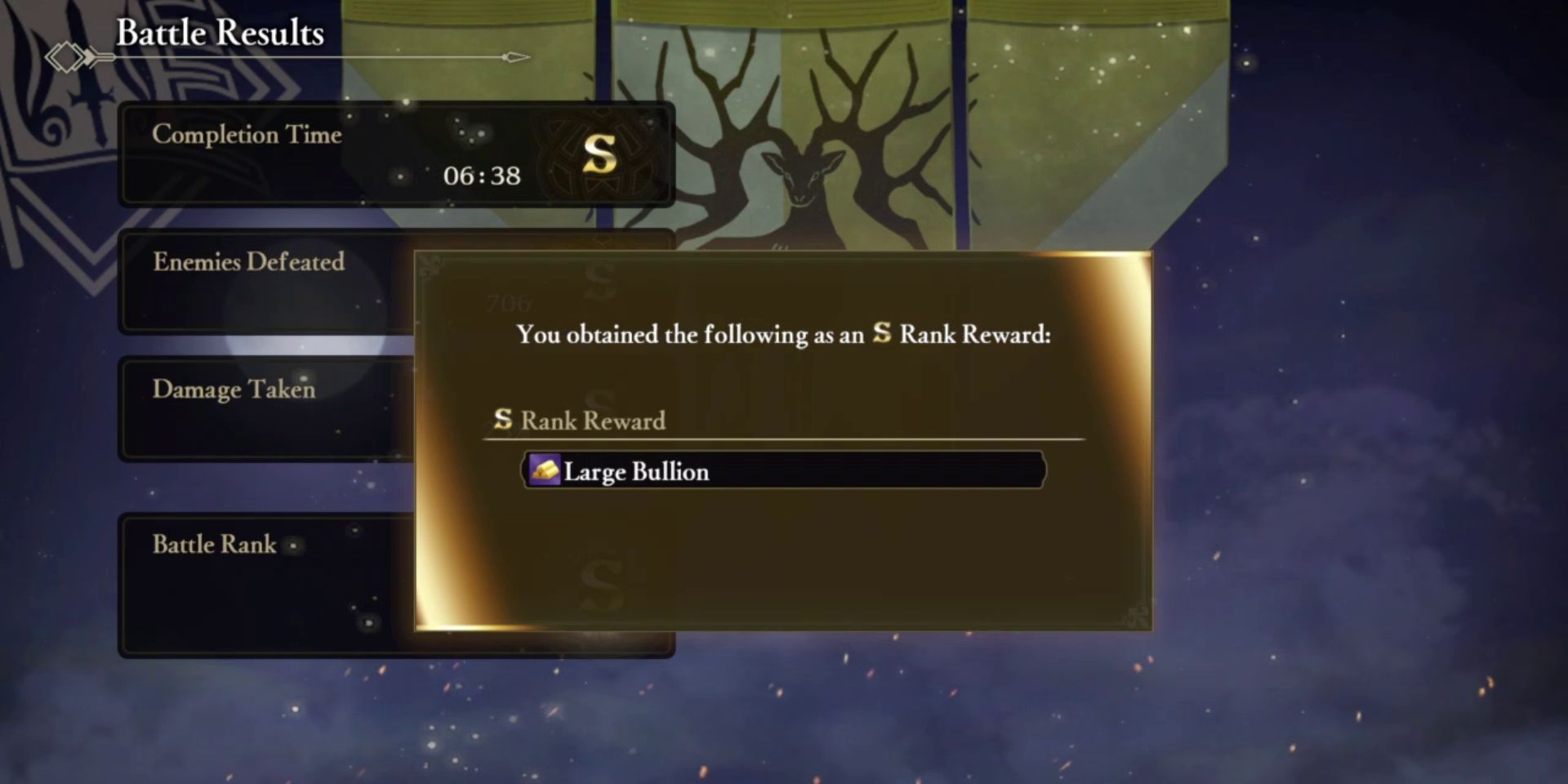 a battle result screen with a box in the middle that reads "you obtained the following as an S Rank Reward: Large Bullion." in the background is a yellow banner emblazoned with a stag with large, branching horns. on the left side are the battle results, which are partially covered by the box in the middle of the screen
