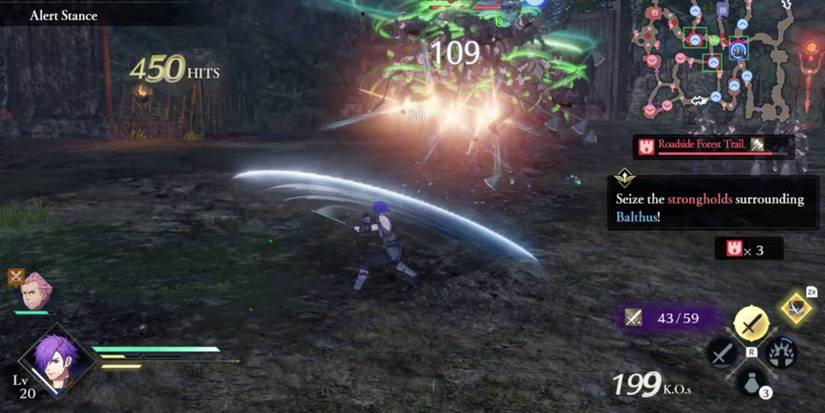 a purple haired man swings a sword at a group of green-tinted enemies, sending them flying. in the top right is a mini map, in the bottom right is an ability diamond, in the bottom left is the health meter for both player characters, and in the top left is hit count that reads "450 hits" 