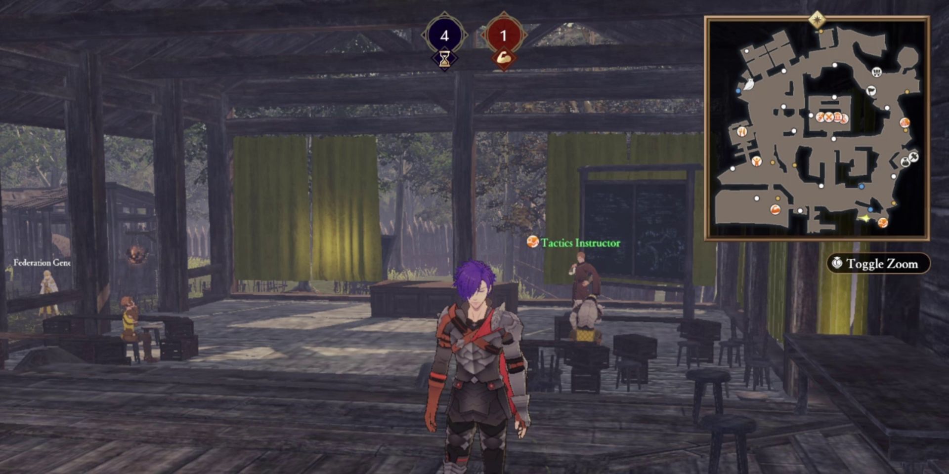a purple haired man in plate male with red trim stands in a wooden structure with no walls. behind him is a makeshift classroom with yellow curtains. at the head of the class, in front of a blackboard, is a man with the title "tactics instructor" over his head in green font