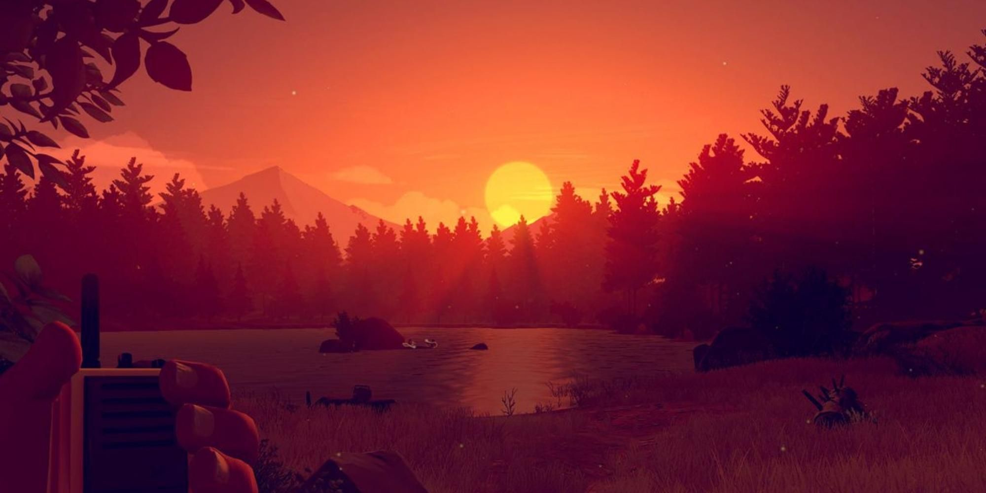 tramonto nella foresta in Firewatch 