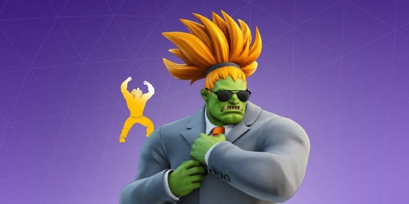 The Blanka skinin a suit from Street Fighter in Fortnite