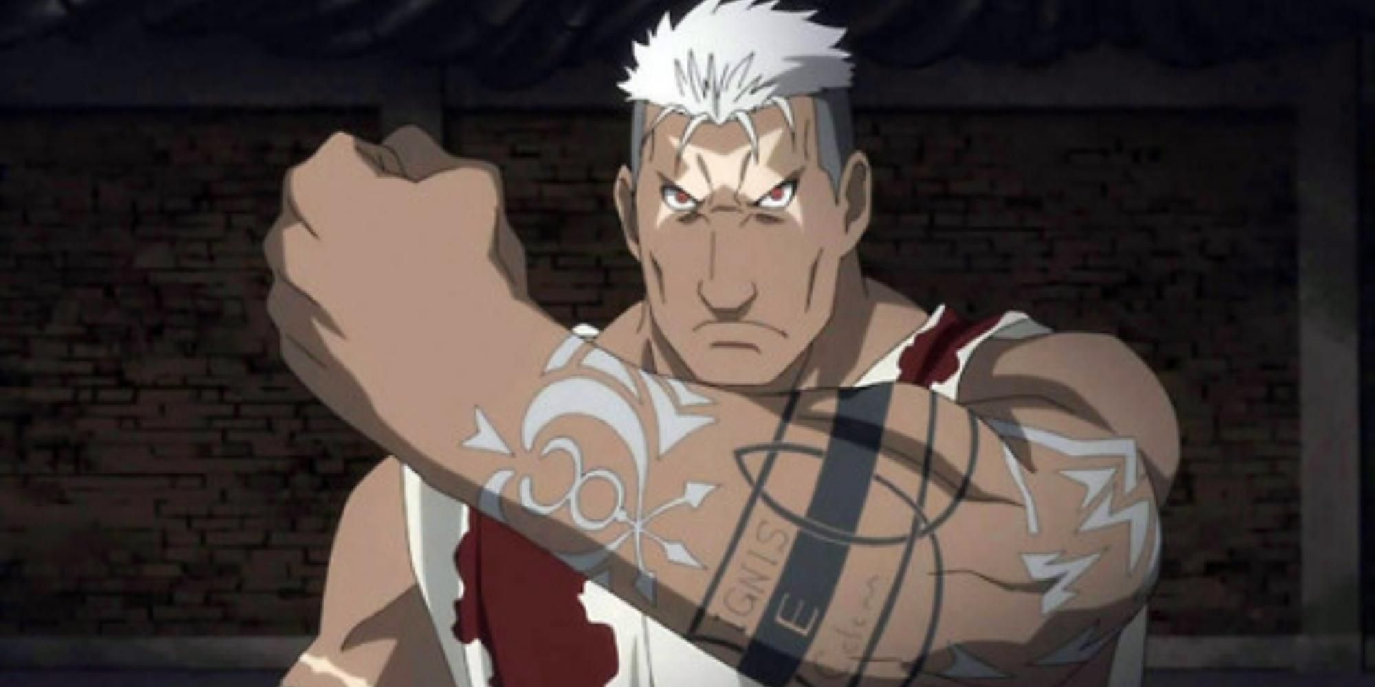 Scar with visible tatoos in Fullmetal Alchemist