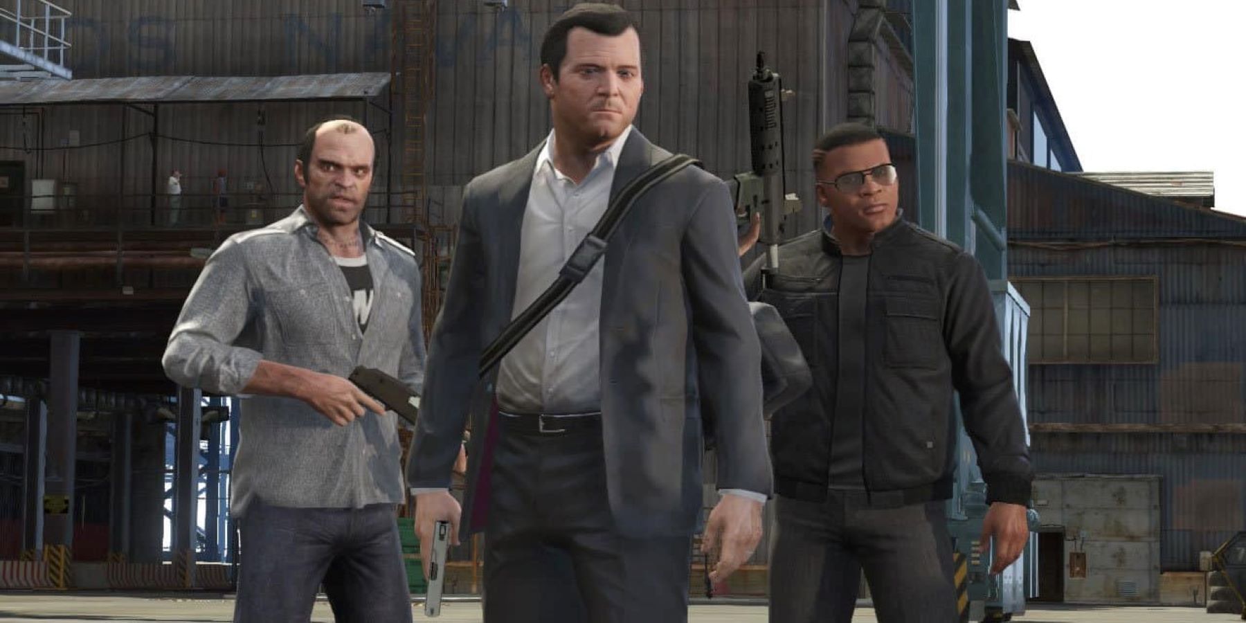 Trevor, Michael, and Franklin holding guns in a Grand Theft Auto 5 cutscene