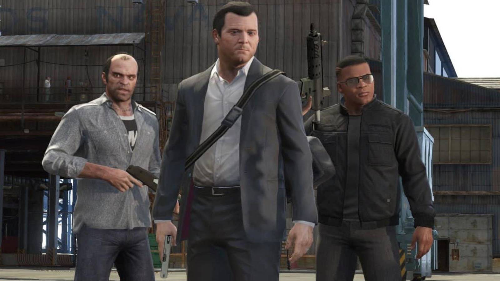 Trevor, Michael, and Franklin holding guns in a Grand Theft Auto 5 cutscene