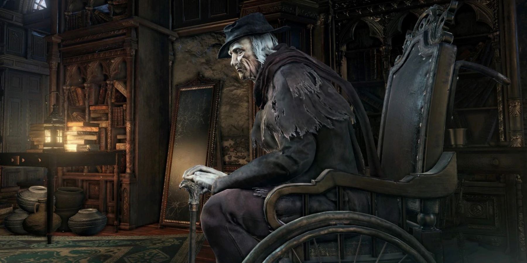 Gehrman the First Hunter sitting in his wheelchair in Bloodborne's Hunter's Dream