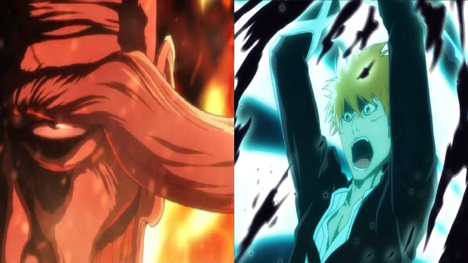 Split image of Genryusai Yamamoto and Ichigo Kurosaki from the official Bleach Thousand Year Blood War trailer