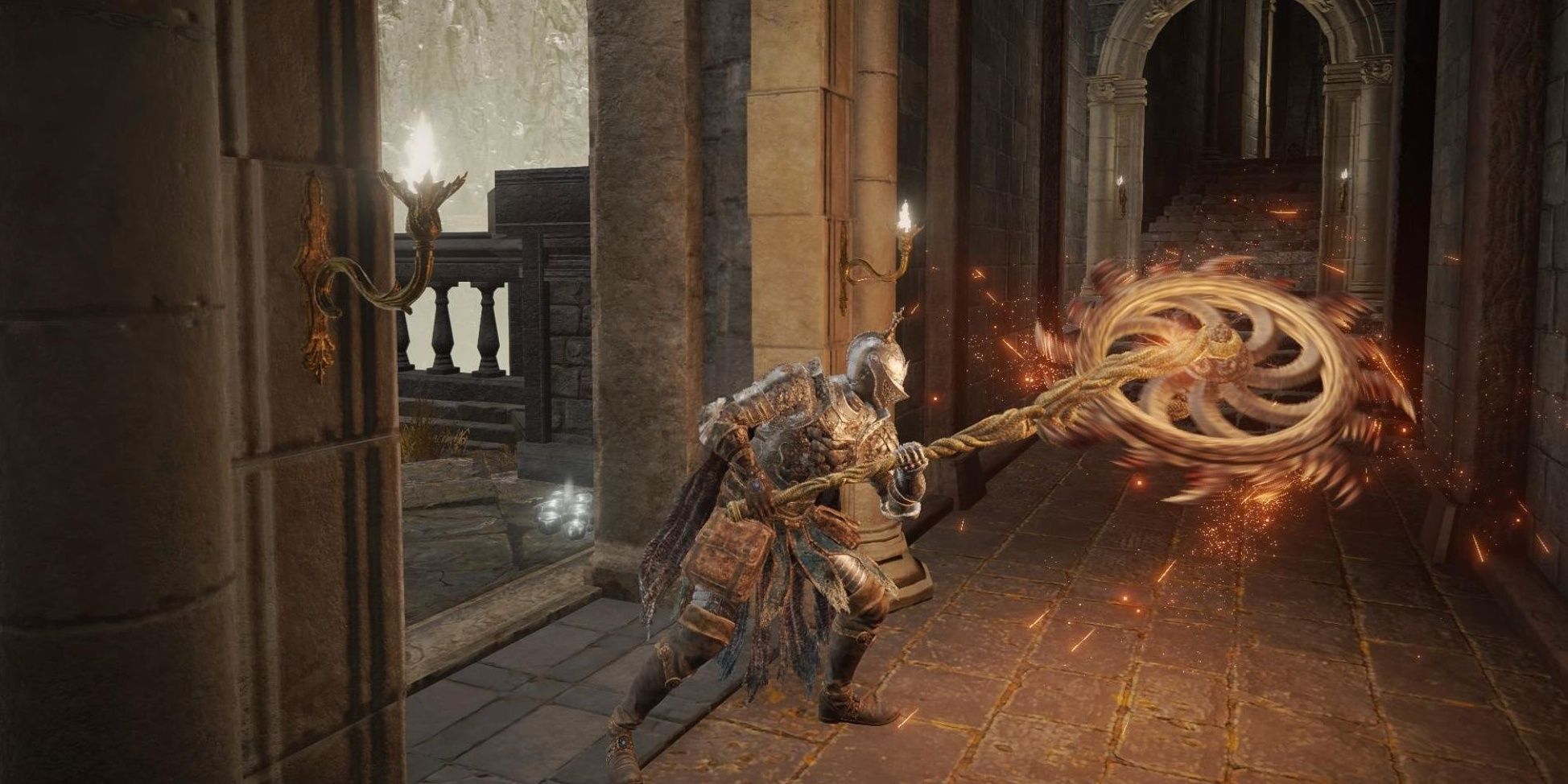 Ghiza's Wheel spinning attack being held by a player in Elden Ring