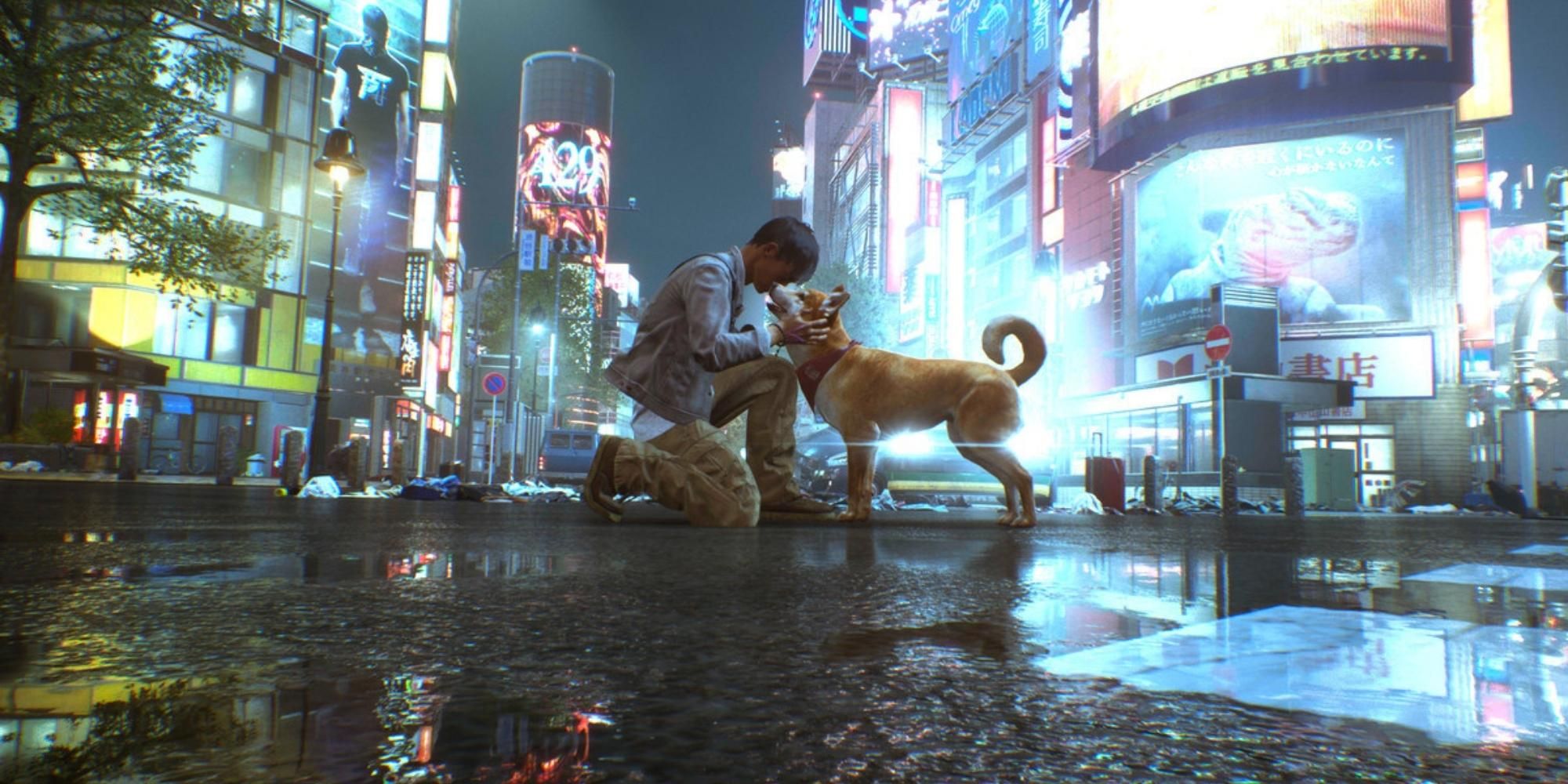 Akito with a dog in Ghostwire Tokyo
