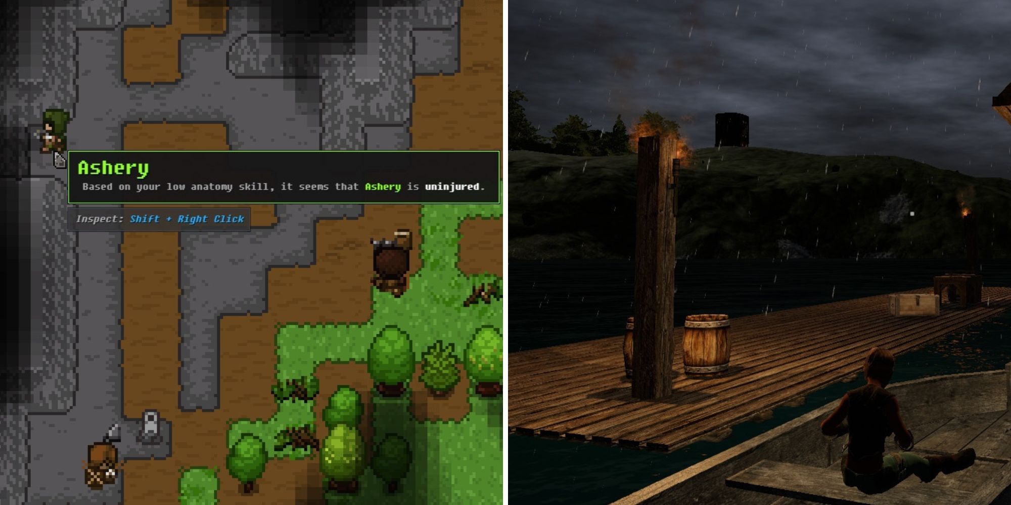 On the right is a shot from Wayward and on the left is a person sitting on a boat in Solace Crafting