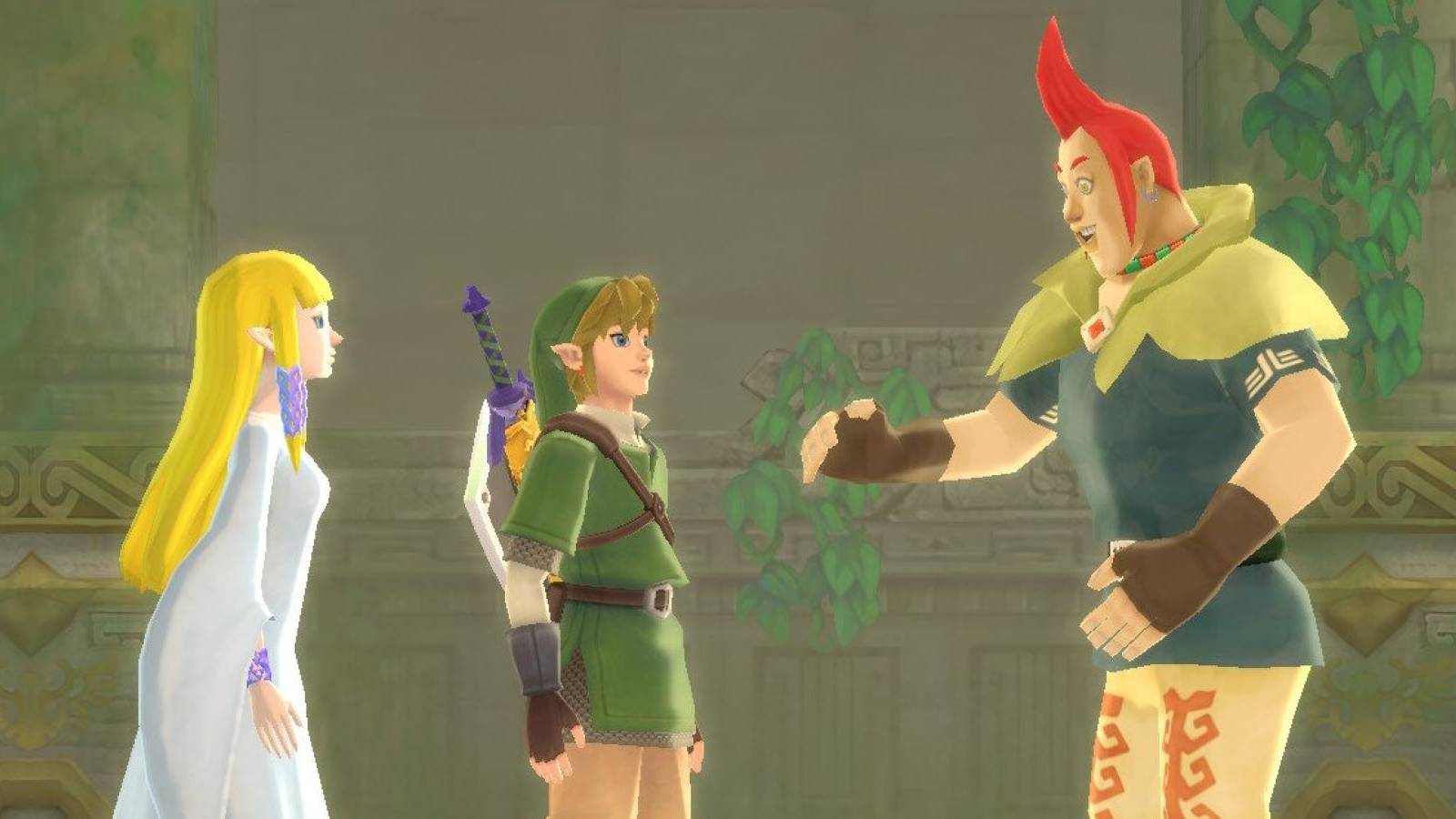 Link and Groose reuniting with Zelda in the Temple of Time near the end of The Legend of Zelda: Skyward Sword