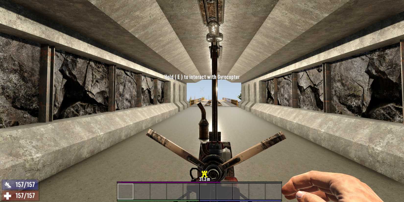 1st person view of gyrocopter facing long runway in 7 Days to Die