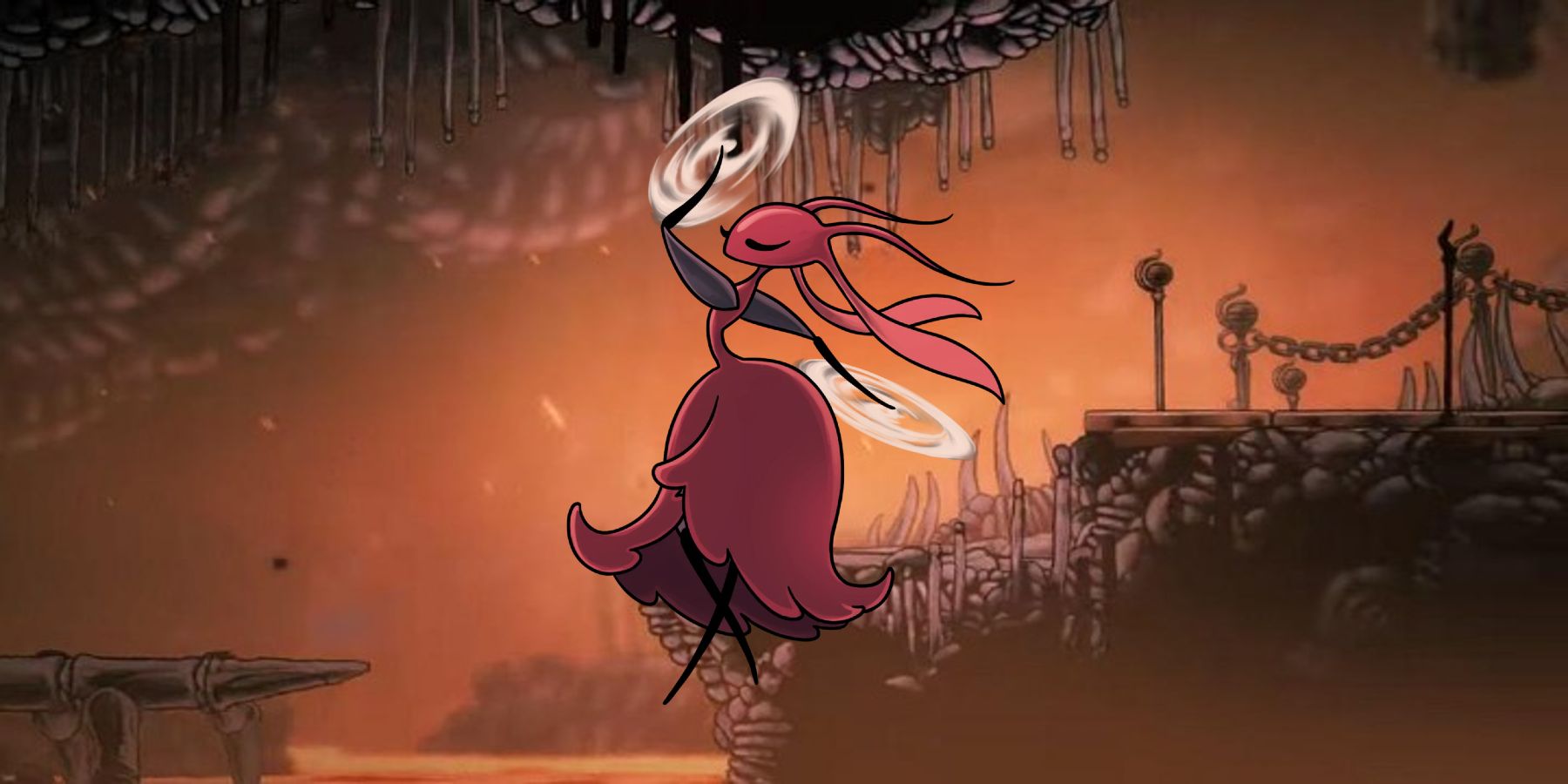 Hunter Queen Carmelita from Hollow Knight Silksong over the Forest of Bones area