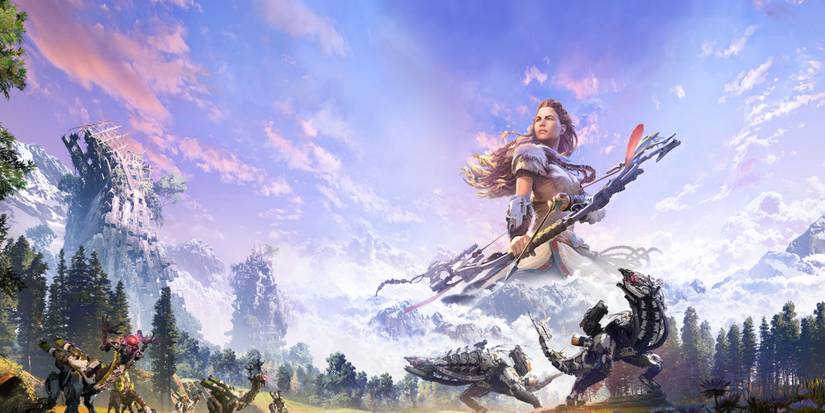 Aloy stands in the sky, looking over a world filled with robots