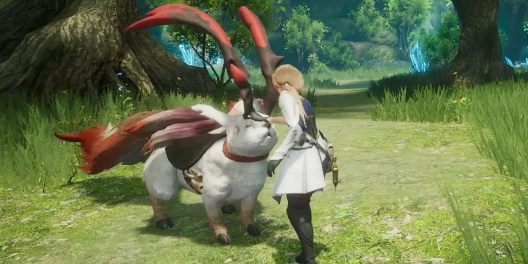 The Harvestella protagonist petting a horned creature