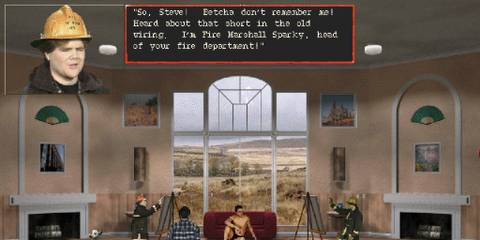 Fire Marshal Sparky introducing himself to Steve while he paints a picture of a man in Harvester