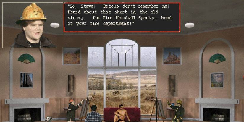 Fire Marshal Sparky introducing himself to Steve while he paints a picture of a man in Harvester