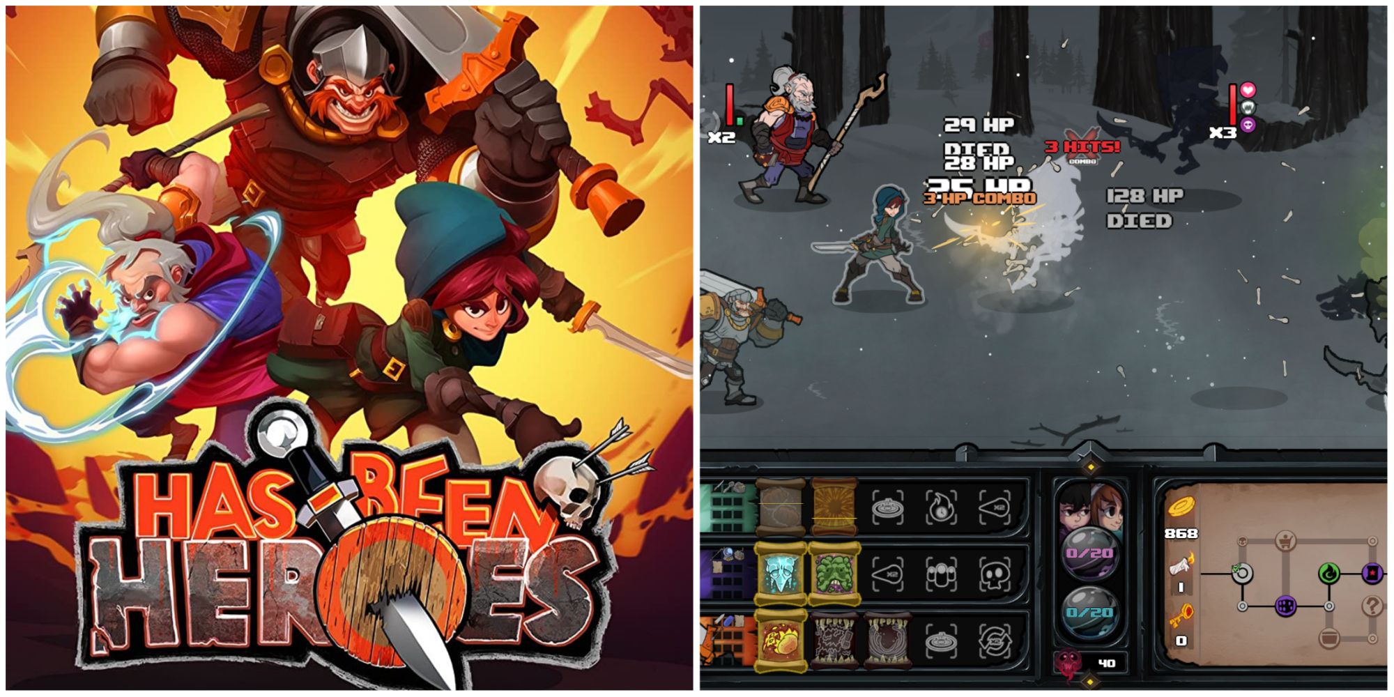 split image of Has Been Heroes box art and gameplay on switch