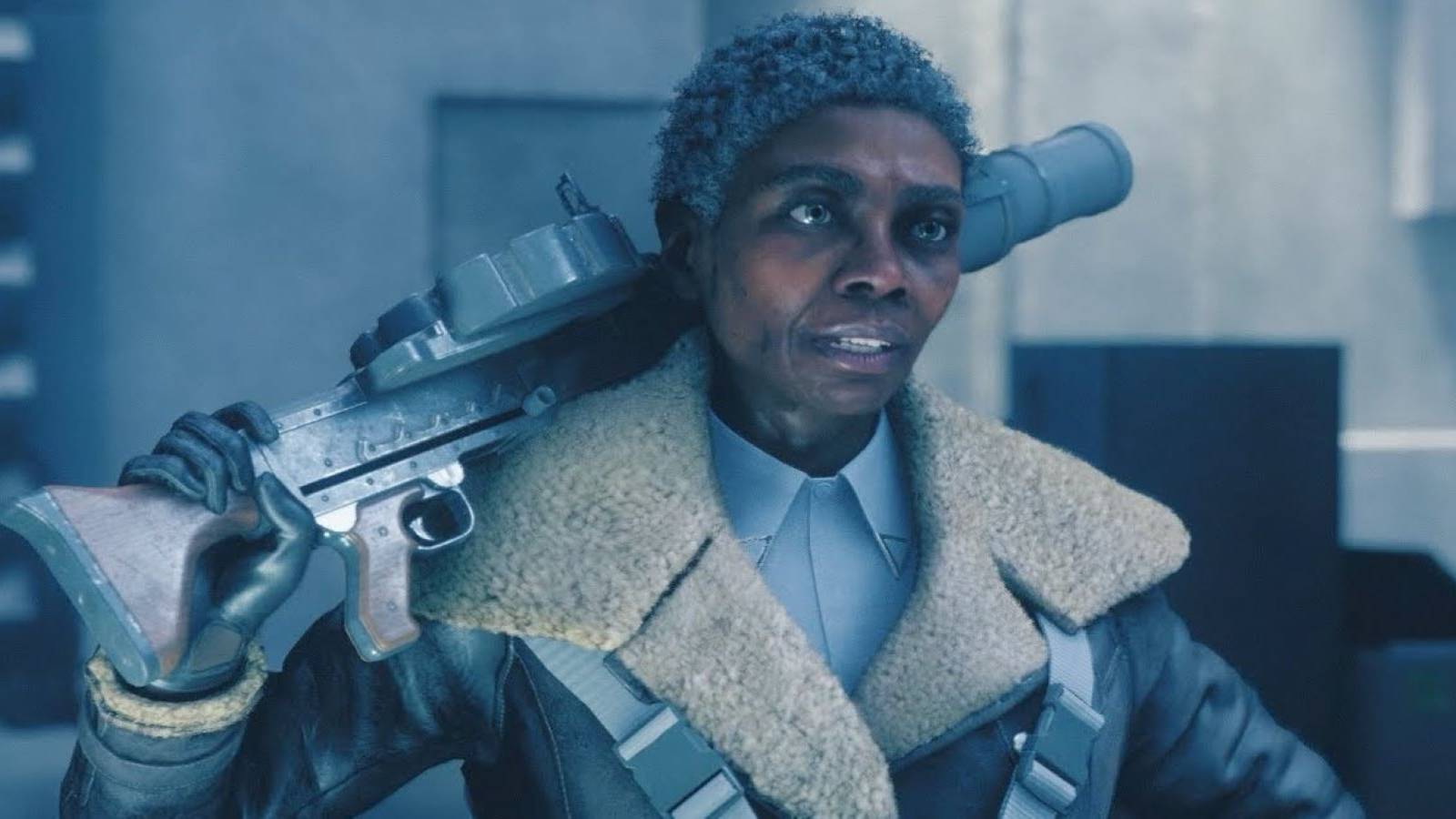 Bureau Head of Operations Helen Marshall in a Control cutscene holding a gun