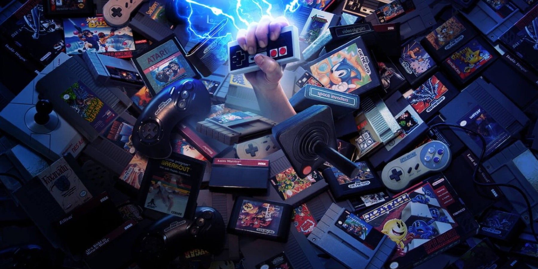 High Score TV series promo image of collage of games, controllers, hand grabbing NES controller