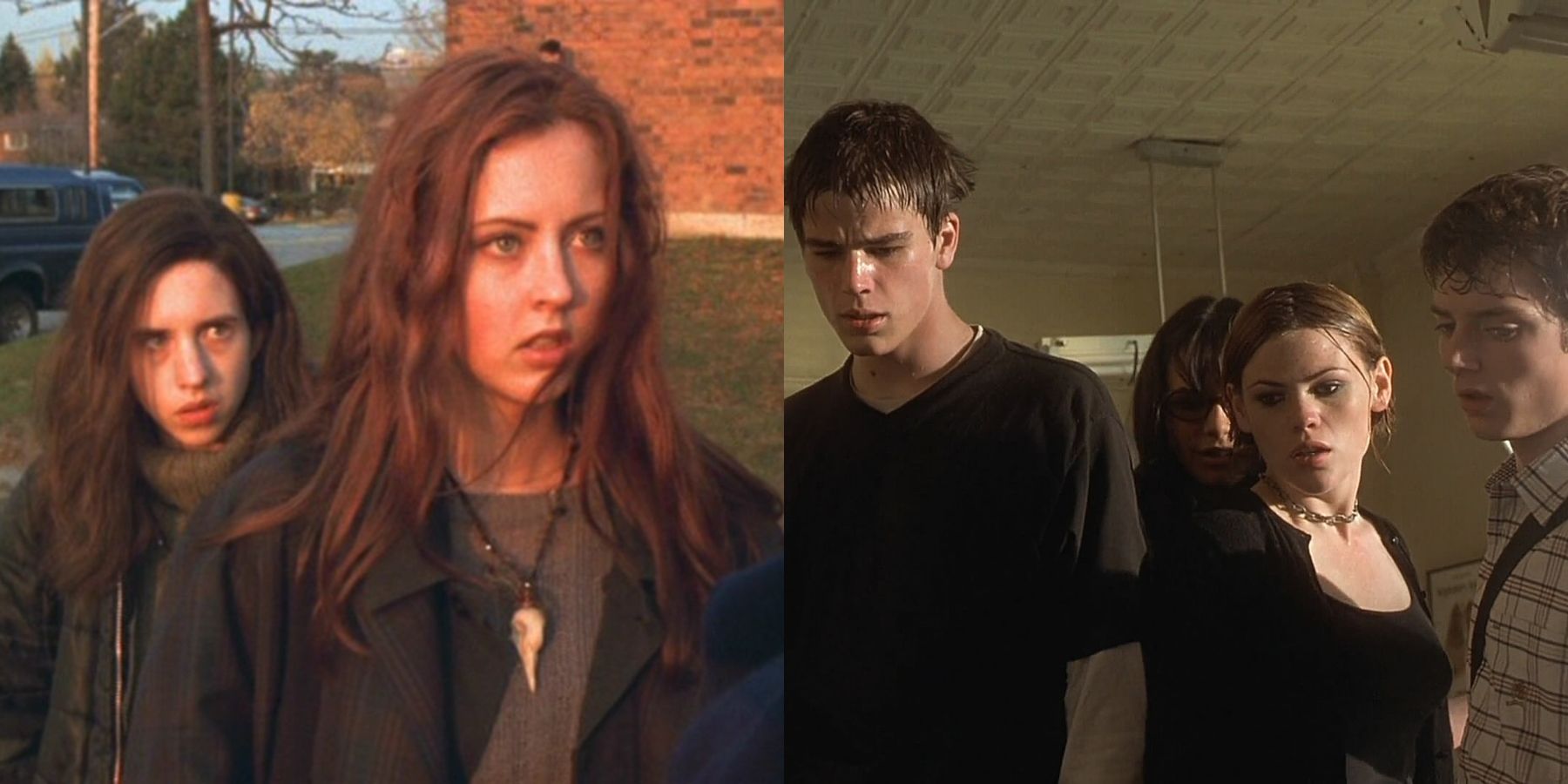 Split image of Brigitte and Ginger from Ginger Snaps and the main characters from The Faculty