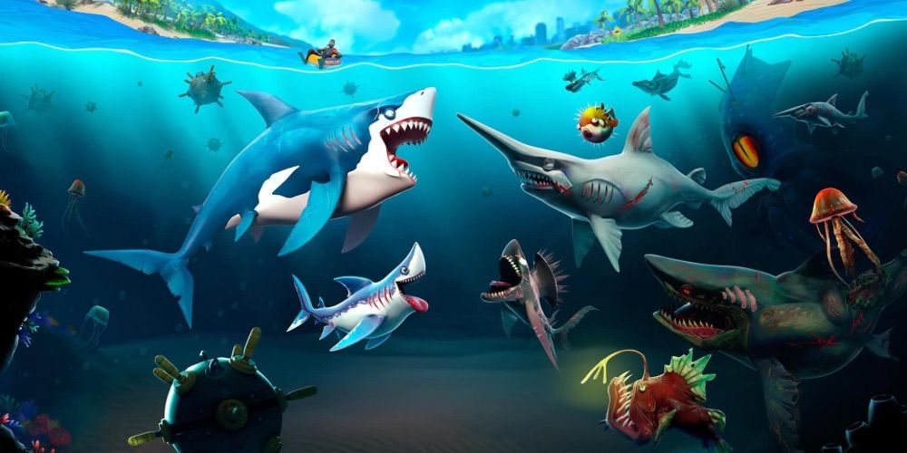 An image showing the multiple species of Sharks found in Hungry Shark World
