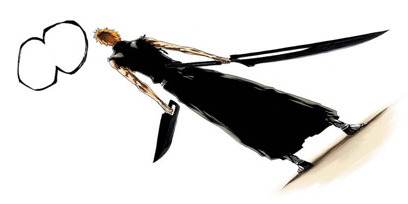 Ichigo wielding his new version of Zangetsu in the Bleach manga