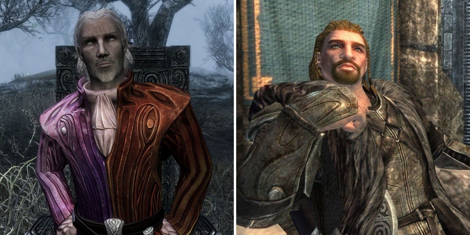 On the left is Sheogorath in his purple and red suit and on the right is Ulfric Stormcloak sitting at his throne in Skyrim