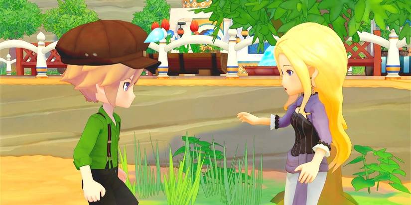 Iris talking to a man in a green shirt in Story of Seasons: Pioneers of Olive Town