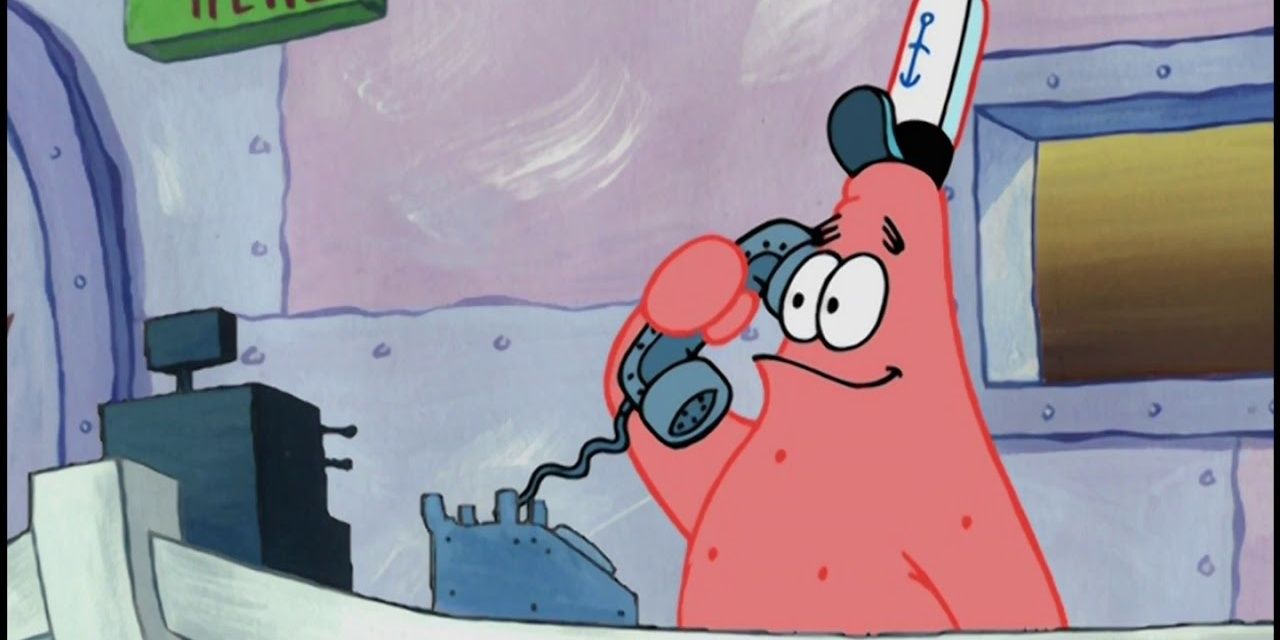 Patrick on the phone at the cash register of the Krusty Krab. Image source: YouTube