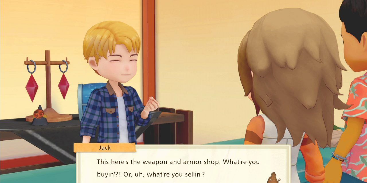 Jack asking the player and Emilio what they would like to buy or sell in Story of Seasons: Pioneers of Olive Town