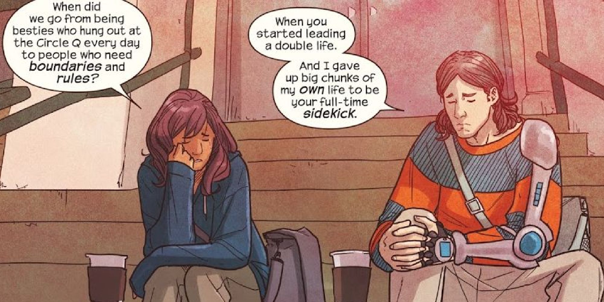 Kamala sitting next to Bruno and his robotic arm in the comics