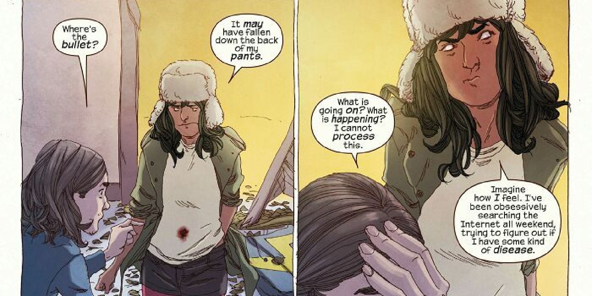 Bruno helping Kamala cure a bullet wound in the comics