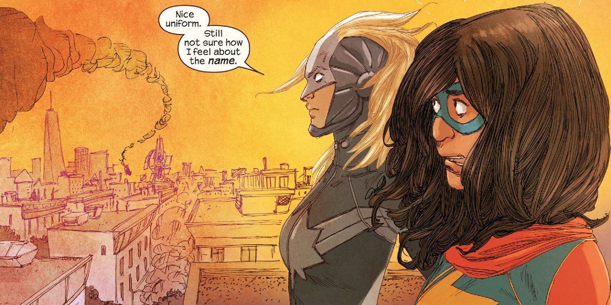 Giant Kamala Khan standing with a Giant Carol Danvers in the comics