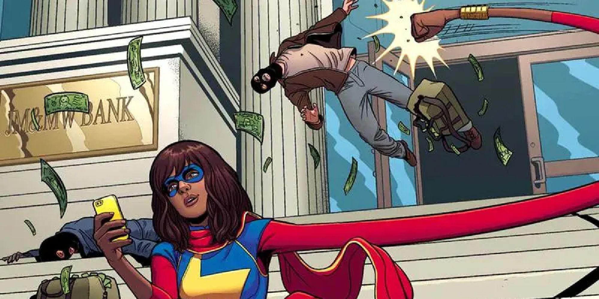 Kamala Khan stretching her arm to punch a crook in the comics