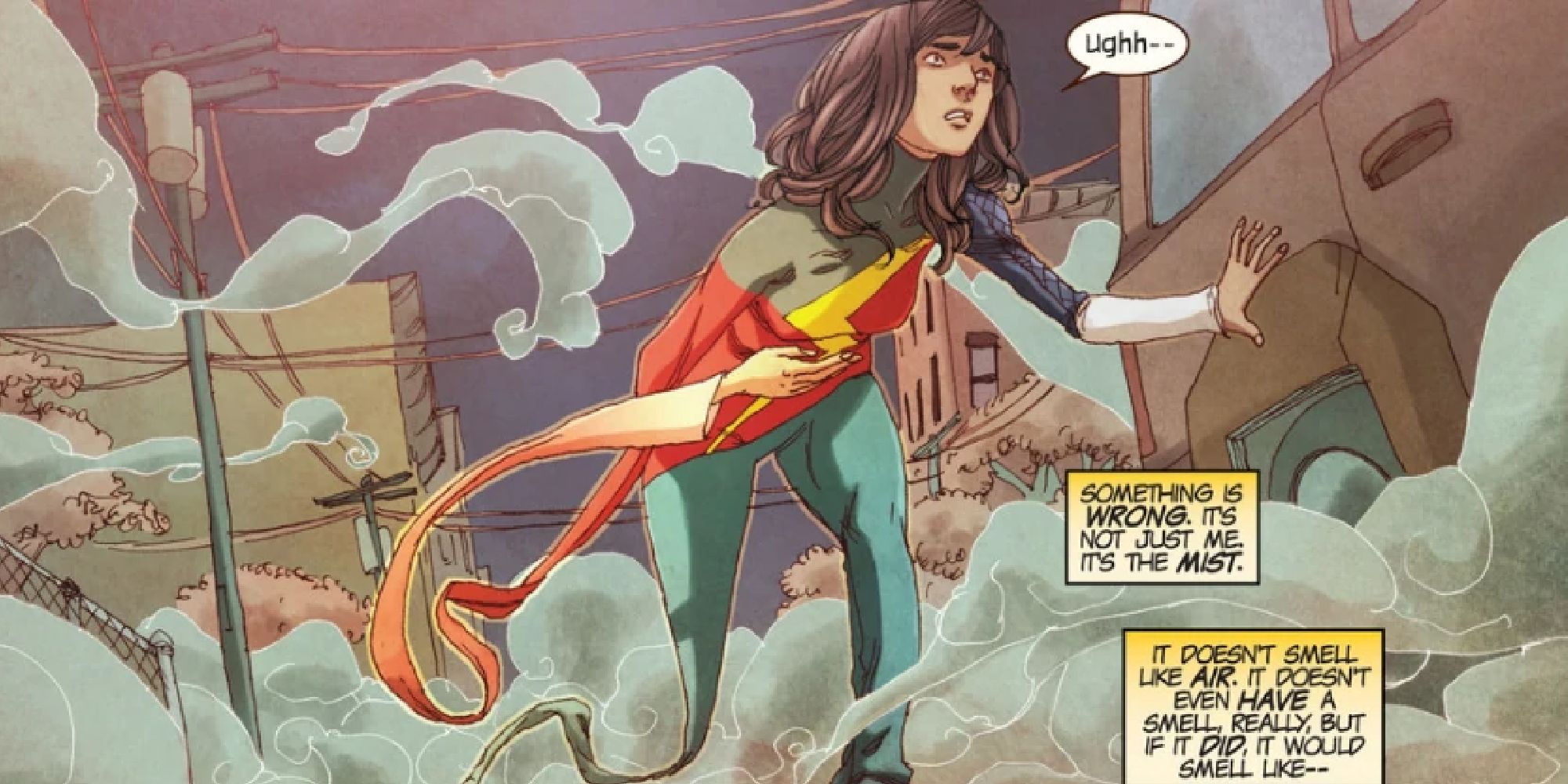 Kamala Khan walking through Terrigen Mist in the comics