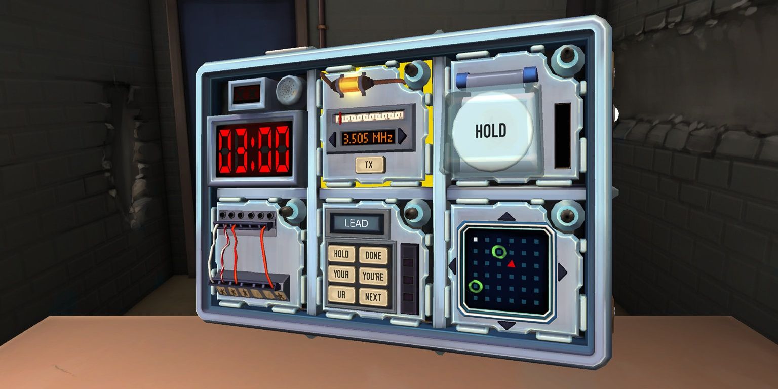 Keep Talking And Nobody Explodes bomb with a variety of modules and a 3 minute timer