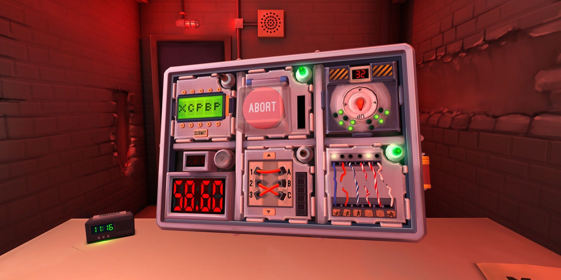 A bomb that has symbols like "XCPBP" and "Abort" with 58.60 seconds on it in Keep Talking and Nobody Explodes
