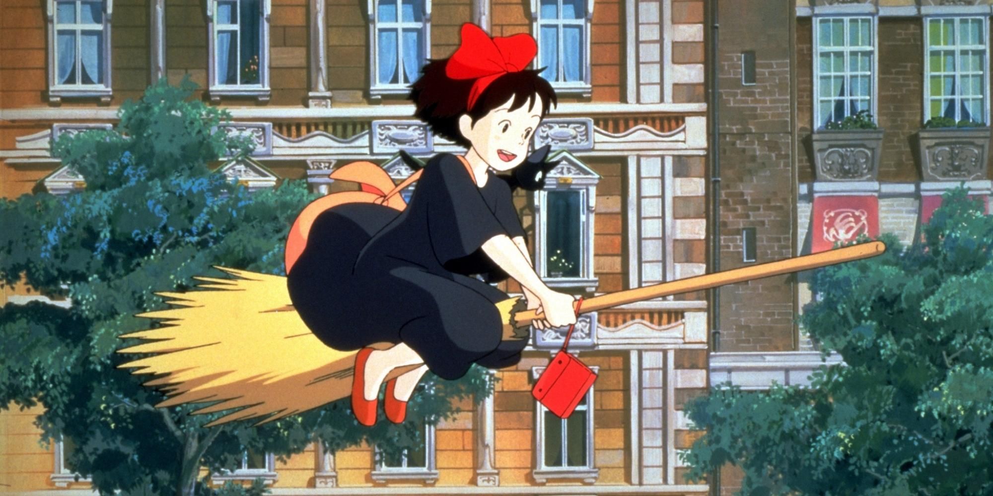 Kiki flying on her broomstick in Kiki’s Delivery Service