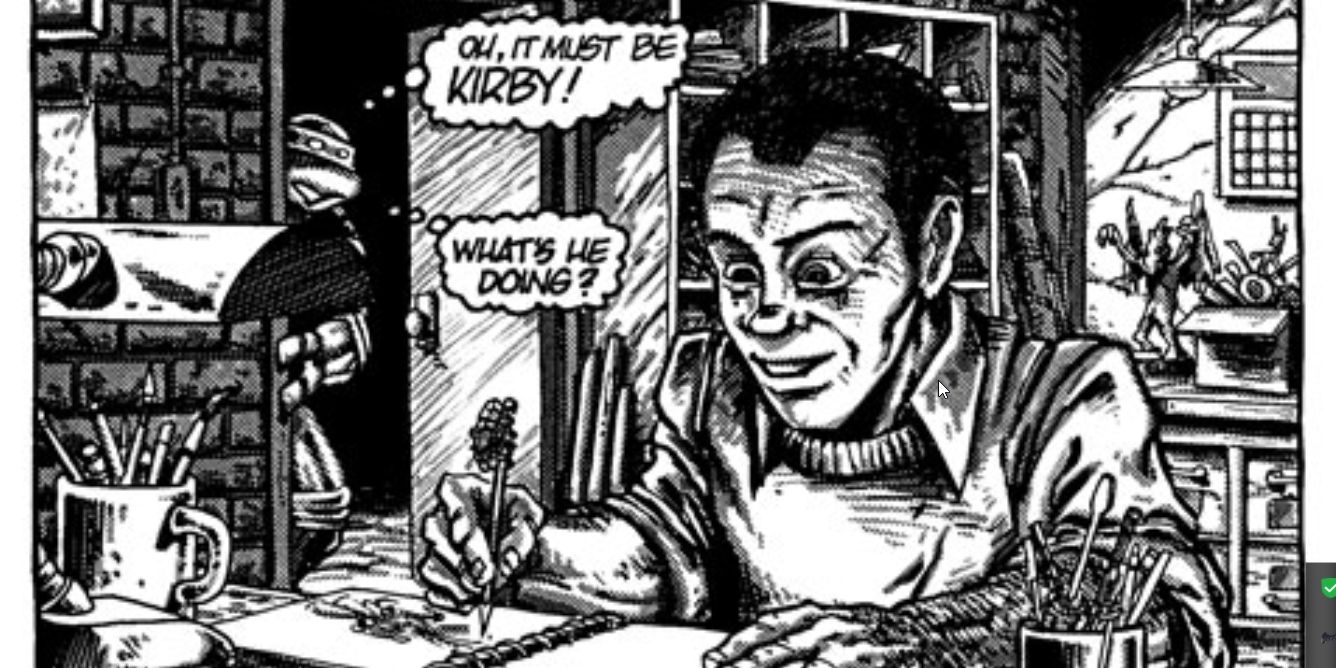 A panel from Donatello #1. Donatello (left) peers into the room of Kirby (right) drawing in his sketch pad. Donatello thinks, "Oh, it must be Kirby! What's he doing?" Image source: miragelicensing.com