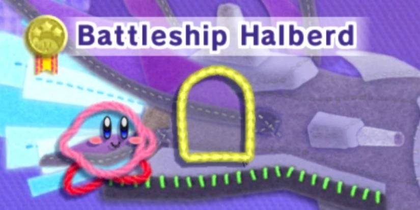 Kirby in Kirbys Epic Yarn about to enter the Battleship Halberd Level